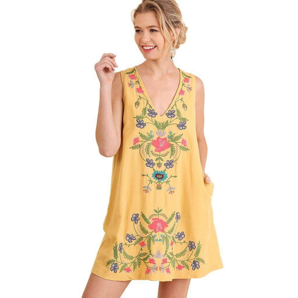 Yellow, floral, sleeveless dress with pockets
